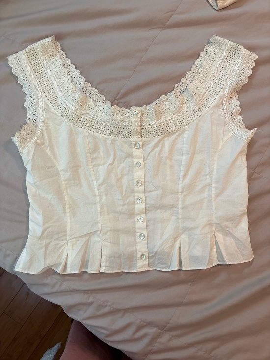 Doen Tops - Doen Cream Eyelet Lace-Trim Button Front Cropped Top
